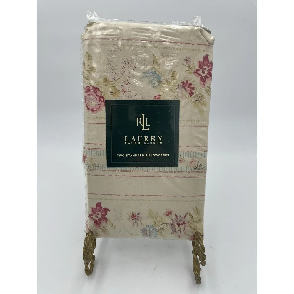 New  2 Vintage Ralph‎ Lauren Standard Pillowcases Floral Pair NIP Cottage Rose
